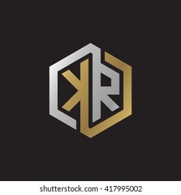 KR initial letters looping linked hexagon elegant logo golden silver black background