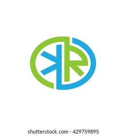 KR initial letters looping linked ellipse logo blue green