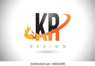 KR K R Letter Logo Design with Fire Flames and Orange Swoosh Vector Illustration.