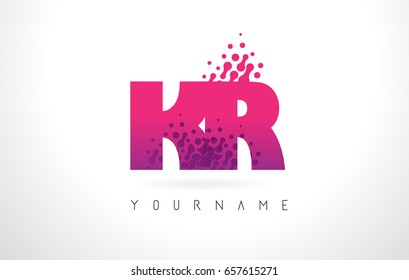 KR K R Letter Logo with Pink Letters and Purple Color Particles Dots Design.
