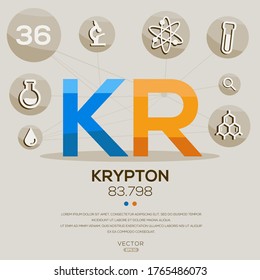 KR (Krypton)El elemento de tabla periódica, letras e iconos,Ilustración vectorial.
