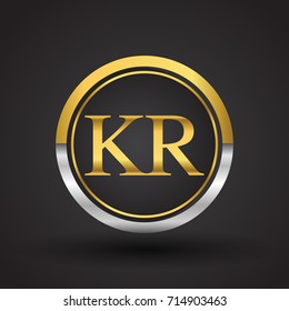 KR Letter logo in a circle, gold and silver colored. Vector design template elements for your business or company identity.