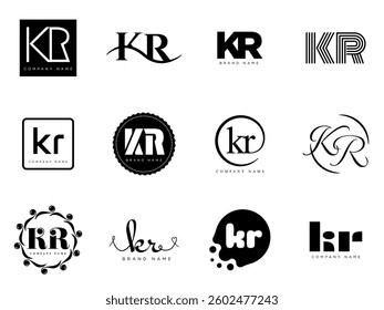 KR logo company template. Letter k and r logotype. Set different classic serif lettering and modern bold text with design elements. Initial font typography. Collection trendy business identity.