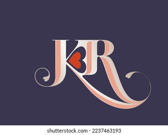 KR monogram logo signature icon.Alphabet initials with red heart shape.Decorative swirl letter k, letter r.Lettering sign.Wedding, beauty boutique, ornate style characters.Elegant typography.