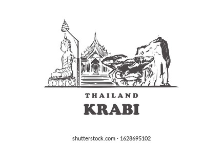 Krabi sketch skyline. Thailand, Krabi hand drawn vector illustration. Isolated on white background. 