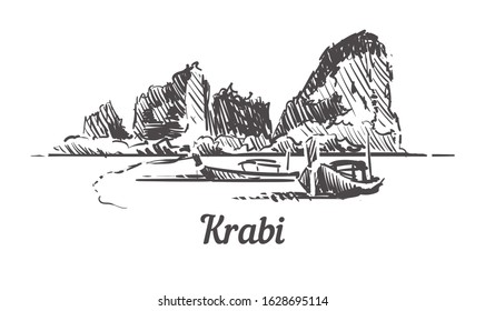 Krabi skyline sketch. Krabi, Thailand  hand drawn illustration isolated on white background.