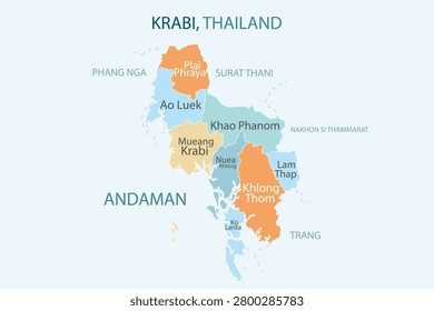 Krabi Thailand province map vector illustration with district names