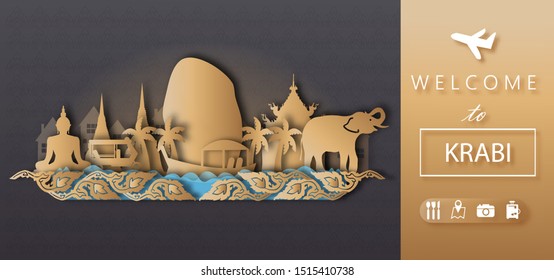 Krabi Thailand Travel postcard panorama, poster, tour advertising of world famous landmarks of Thailand in paper cut style. Vector illustration.