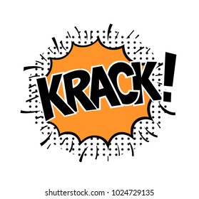 Krack, word in speech bubble patch badge. Comic book style vector sticker, pin, patch in cartoon 80s-90s comic style