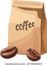 Kraft bag with roasted coffee beans, coffee packaging. Vector clipart, illustration with isolated background.