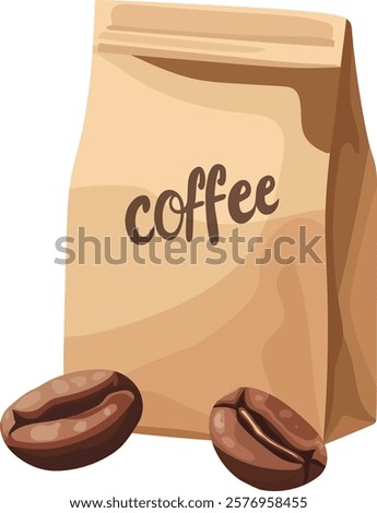Kraft bag with roasted coffee beans, coffee packaging. Vector clipart, illustration with isolated background.