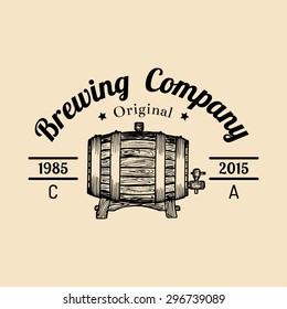 Kraft beer barrel logo. Old ale icon. Lager retro sign. Hand sketched keg illustration. Vector vintage brewing company label or badge.