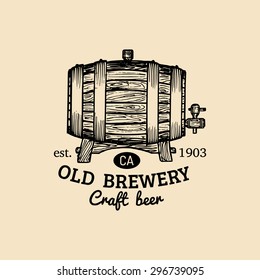 Kraft beer barrel logo. Old brewery icon. Hand sketched keg illustration. Vector vintage lager, ale label or badge.