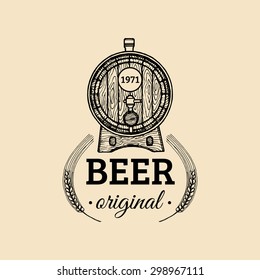 Kraft beer barrel logo. Old brewery icon. Hand sketched keg illustration. Vector vintage lager, ale label or badge.