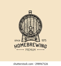 Kraft beer barrel logo. Old homebrewing icon. Hand sketched keg illustration. Vector vintage lager, ale label or badge.