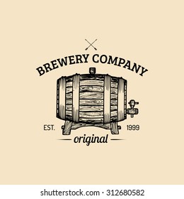 Kraft Beer Barrel Logo. Old Brewery Icon. Hand Sketched Keg Illustration. Vector Vintage Lager, Ale Label Or Badge.