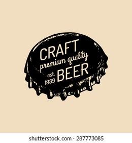 Kraft Beer Bottle Cap Logo. Old Brewery Icon. Lager Retro Sign. Hand Sketched Ale Illustration. Vector Vintage Label Or Badge.