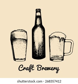 Kraft beer bottle and glasses illustration. Vector old brewery image. Retro ale, lager icon with hand sketched two mugs for label or badge.