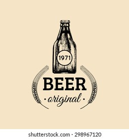 Kraft beer bottle logo. Lager retro sign. Hand sketched ale illustration. Vector vintage homebrewing label or badge.