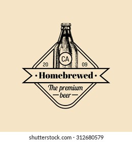 Kraft beer bottle logo. Lager retro sign. Hand sketched ale illustration. Vector vintage homebrewing label or badge.