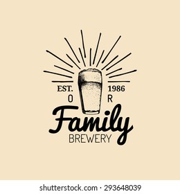 Kraft beer glass logo. Lager cup retro sign. Hand sketched ale illustration. Vector vintage homebrewing label or badge.