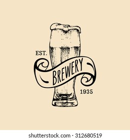 Kraft beer glass logo. Old brewery icon. Lager cup retro sign. Hand sketched ale illustration. Vector vintage label or badge.