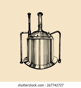 Kraft beer kettle illustration. Old brewery logo. Lager retro sign or icon with hand sketched tank. Vector vintage ale label or badge.