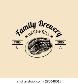 Kraft beer logo. Old brewery icon. Hand sketched illustration of frankfurter sausages. Lager retro sign. Vector vintage ale label or badge.