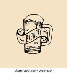 Kraft beer mug logo. Lager cup retro sign. Hand sketched ale illustration. Vector vintage homebrewing label or badge.