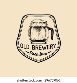 Kraft beer mug logo. Lager cup retro sign. Hand sketched ale glass illustration. Vector vintage homebrewing label or badge.