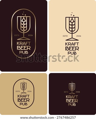 Kraft Beer Pub logo. Beer Pub or restauraunt emblem. Spikelet and beer glass  inside rounded frame. 