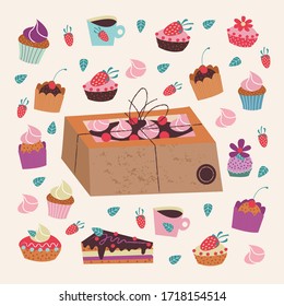 Kraft box with a cake. Vector illustration on a light background.