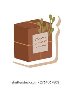 Caja Kraft presente en pegatina de estilo plano. Etiqueta engomada con la planta verde en el paquete de cartón eco. Regalo de moda para Navidad y vacaciones, decoración marrón moderna para el concepto de naturaleza sostenible.