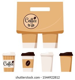 Kraft brown, white paper coffee cup with cap and holder isolated on white background icon set, front view, designed coffee grain, flat cartoon style vector illustration clip art take away packaging.