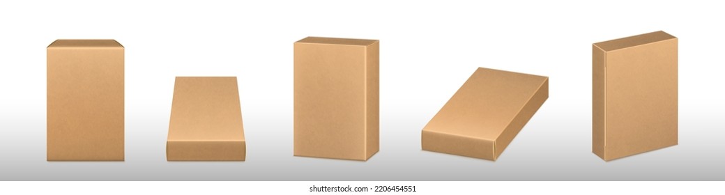 Kraft cardboard package box template. Vector realistic mockup of 3d blank rectangle carton container, gift box, eco medical products pack isolated on background - Shutterstock ID 2206454551