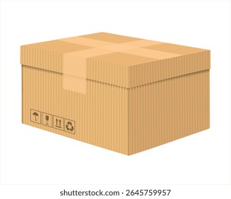 Caixa de embalagem de cartão Kraft. Caixa de presente da caixa de maquete realista do vetor. Caixa fechada com fita adesiva e marcação da carga. Encomenda selada com símbolos de transporte. Ilustração 3d realista de caixa fechada