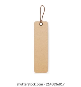 Kraft cardboard tag on string with loop. Craft paper label hanging on tied twine, cord. Blank carton badge mockup of long rectangle shape. Realistic vector illustration isolated on white background