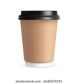 Kraft Coffee Cup Mockup With Black Plastic Cap, Front View, Isolated On White Background. Vector Illustration