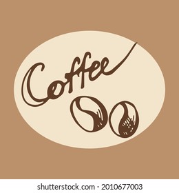 Kraft Coffee Icon Colorful style hand drawn. Coffee logo with coffee beans and Typography text. Coffee break. Vector illustration doodle design isolated on a white background.