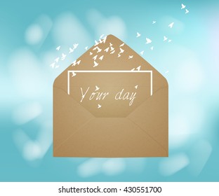 Kraft envelope flying birds. Blue background