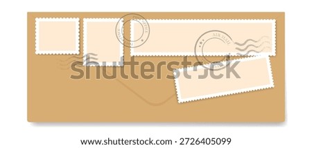 Kraft envelope with vintage stamps and postmarks, Postage stamps vintage rough seals, Letter stamps with perforated edges.