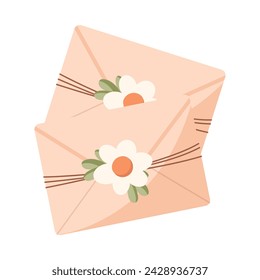 Kraft envelopes with flower isolated on white background. Easter element. Vector illustration. Flat cute style.