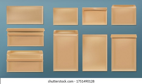 Kraft envelopes template set. Blank brown closed and open craft paper covers, vertical and horizontal letter packages, mock up of folder for business documents and messages, Realistic 3d vector mockup