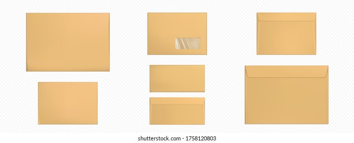 Kraft envelopes template set. Blank brown closed craft paper covers, letter packages, mock up of folder for business documents and messages, Realistic 3d vector mockup