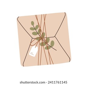 Kraft gift box with leaf plant, branch decoration. Holiday present in eco paper wrapping with string, twig and tag. Surprise package. Flat graphic vector illustration isolated on white background