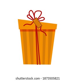 Kraft gift box with strips tied with red string isolated on a white background. Flat cartoon style. Vector illustration.