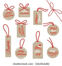 Kraft labels with a red rope - packing of New Year's gifts.