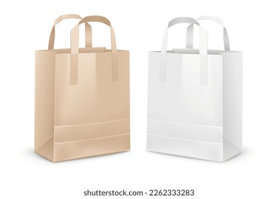 Kraft and matte Paper shopping bags Mockup isolated realistic packaging for supermarket or grocery store. Design on white transparent background. With. Vector illustration