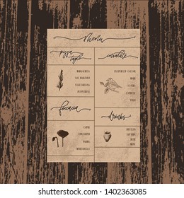 Kraft menu on wood background.