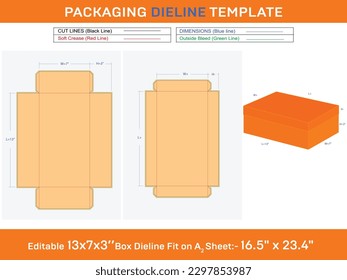 Kraft packaging box with lids or gifts box Dieline Template of 13x7x3 Inch